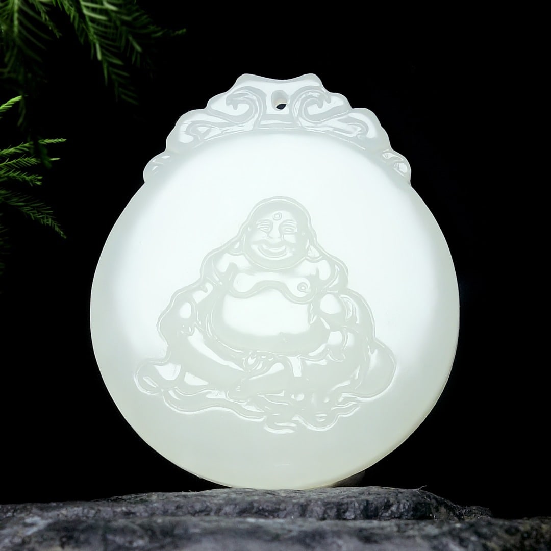 An Exquisite White Jade Statue of Maitreya Buddha Pendant: An Exquisite White Jade Statue of Maitreya Buddha Pendant,Size:1.6inx1.4inx0.3in 白玉弥勒佛像挂件
