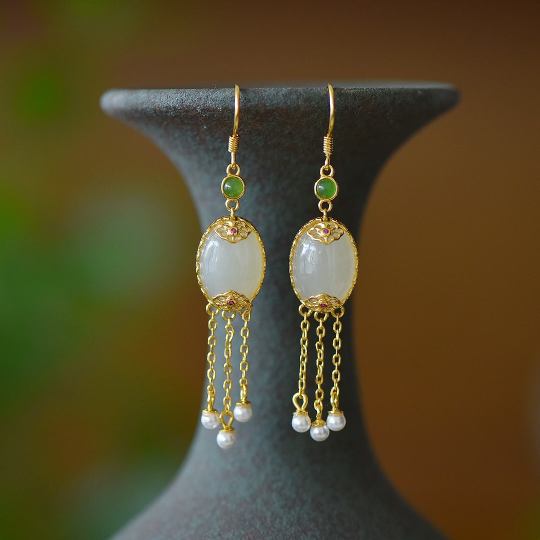 A Pair of Exquisite Sterling Silver-Gold Plated Inlaid White Jade Earrings, Inlaid Jasper and Pearl: A Pair of Exquisite Sterling Silver-Gold Plated Inlaid White Jade Earrings, Inlaid Jasper and Pearl,Size:0.4inx0.6in 一对纯银镀金镶白玉耳