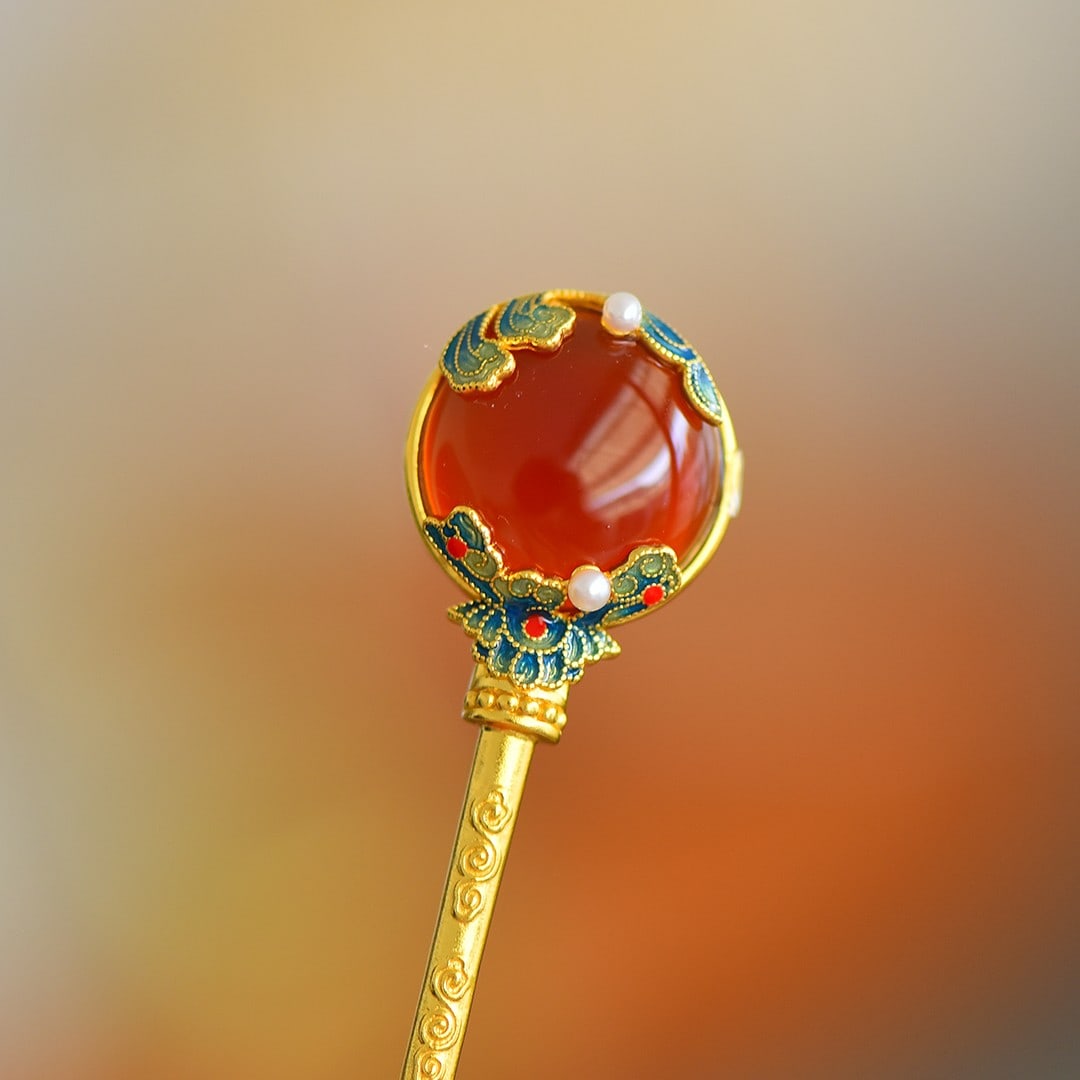 An Exquisite Sterling Silver-Gold Plated Inlaid Agate Hairpin,Inlaid Pearls: An Exquisite Sterling Silver-Gold Plated Inlaid Agate Hairpin,Inlaid Pearls,Size:0.7inx0.7in 纯银镀金镶玛瑙发簪,嵌珍珠