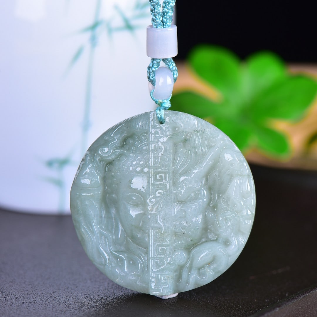An Exquisite Jadeite Figure Pattern Pendant: An Exquisite Jadeite Figure Pattern Pendant,Size:1.9inx1.9in 翡翠人物纹挂件