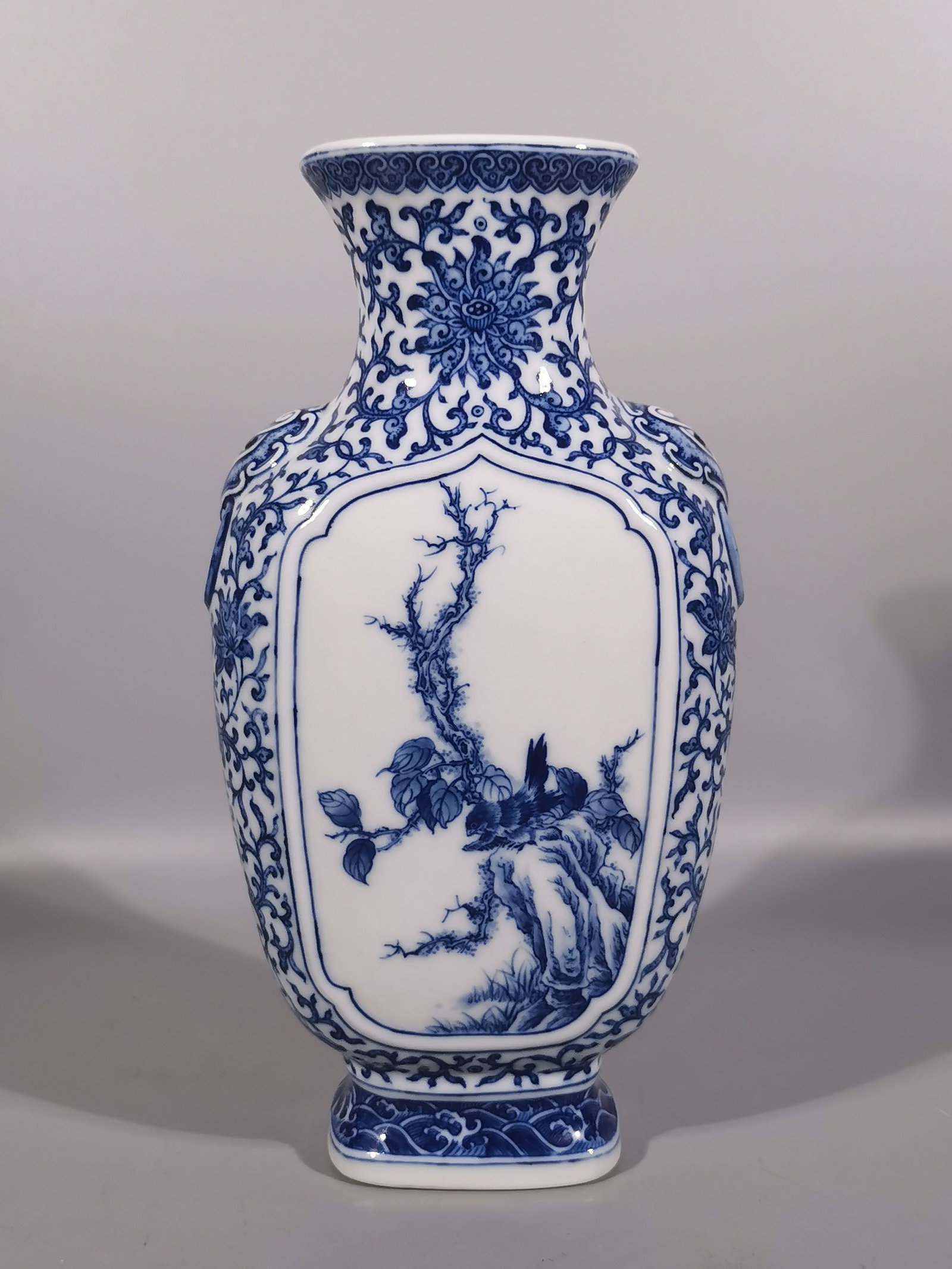 A Exquisite Blue and White Lotus and Flower and Bird Pattern Double-Ears Vase: A Exquisite Blue and White Lotus and Flower and Bird Pattern Double-Ears Vase,Qing Dynasty, China,Yongzheng Six-character Mark,Size:9.8inx5.1in 青花缠枝莲花鸟