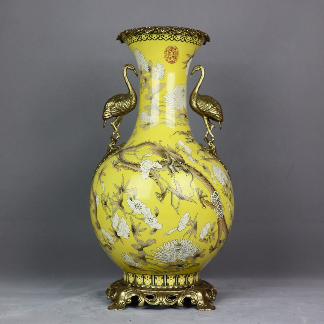A Exquisite Yellow Ground Famille-Rose Copper Inlay Dragon Pattern Crane Ears Vase (1 of 9)