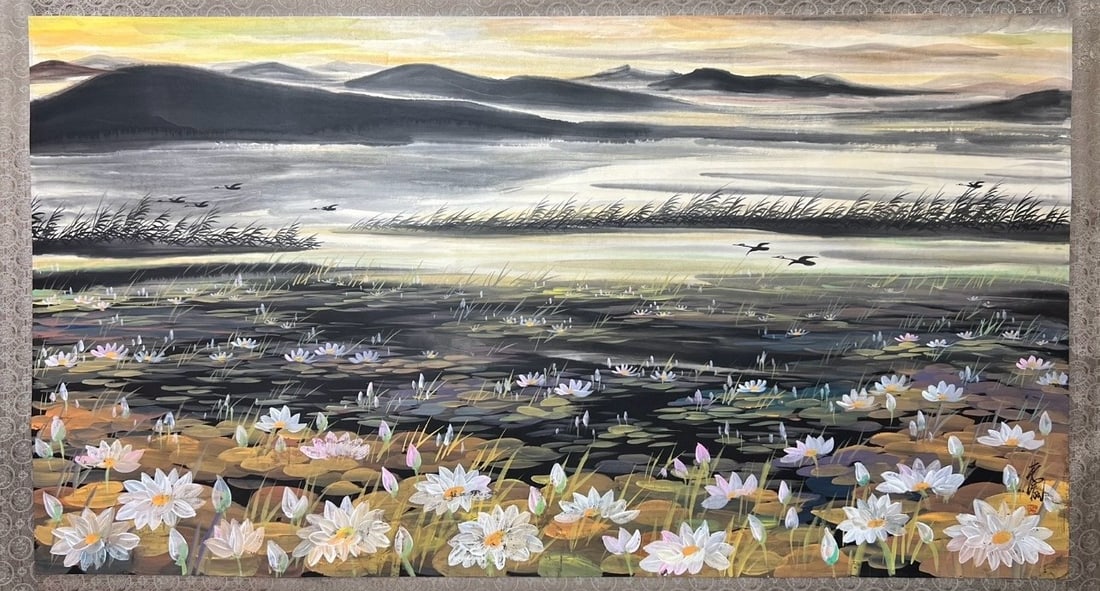 A Chinese Ink Painting of Flower on Paper: A Chinese Ink Painting of Flower on Paper,Modern Time of China,Lin Fengmian,without frame size:38.2inx70.9in 一幅中国水墨纸本花卉画,&#