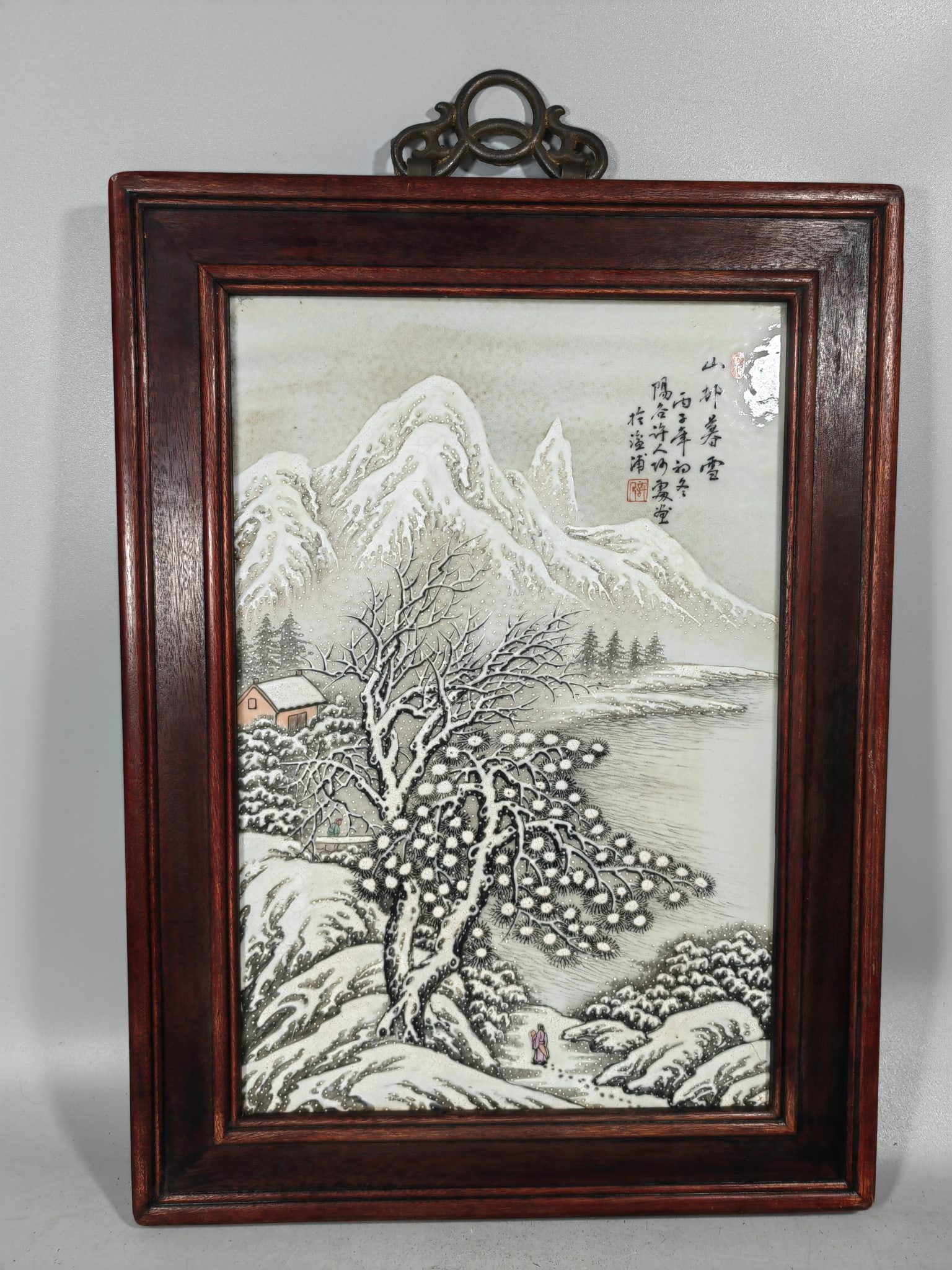 A Exquisite Snowscape Porcelain Plate: A Exquisite Snowscape Porcelain Plate,Republic of China,Size:17.3inx12.8in 民国,雪景瓷板