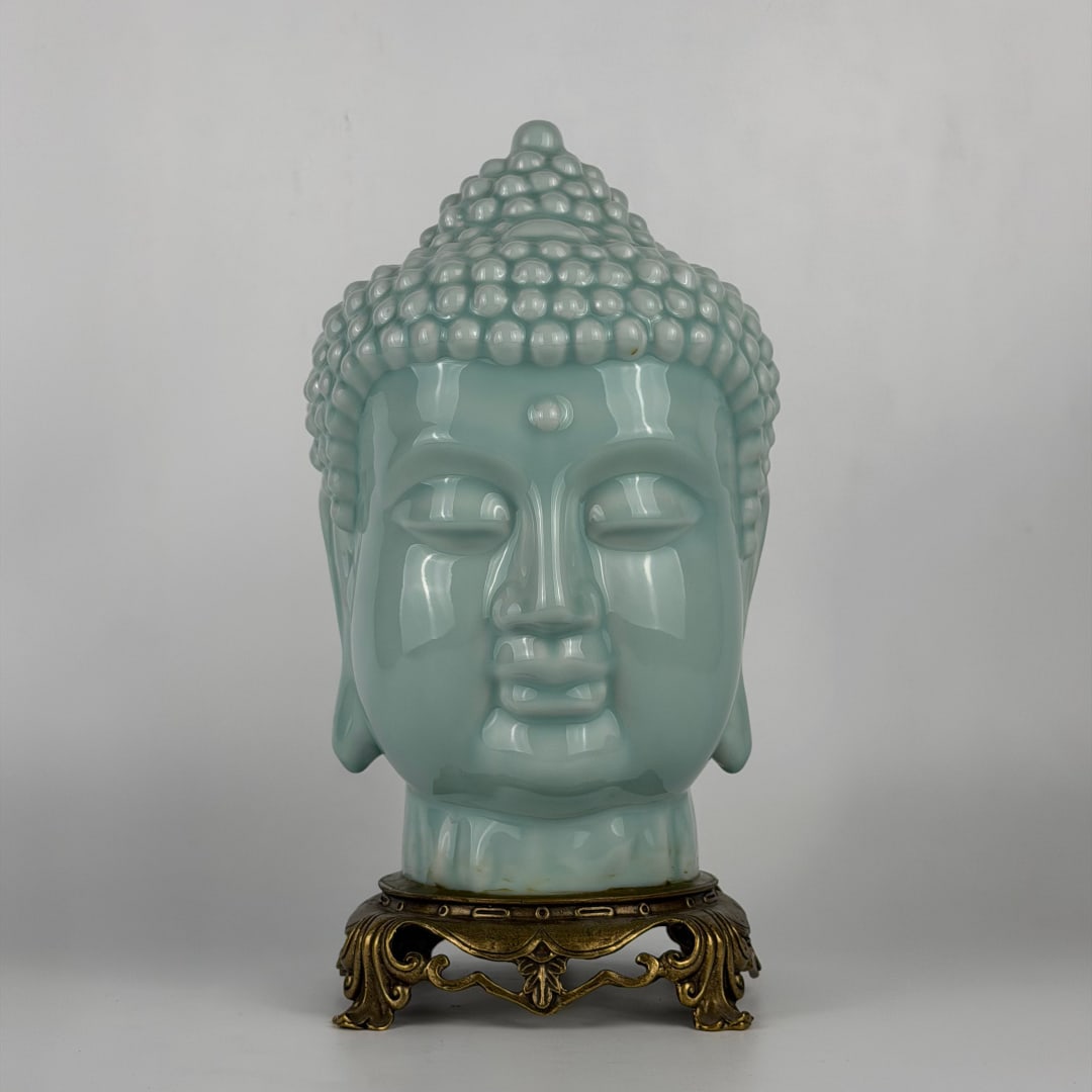 A Exquisite Celadon Glzed Copper Inlay Buddha Head (1 of 9)