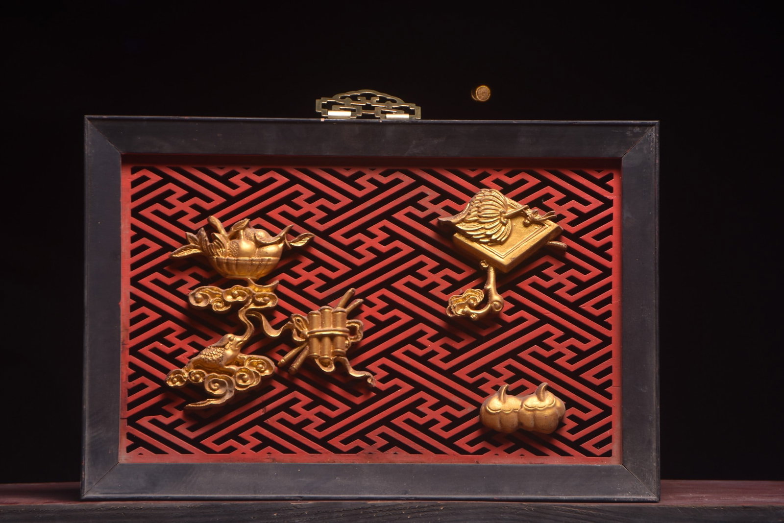 A Exquisite Nanmu Carved Ba bao wen Plaque: A Exquisite Nanmu Carved Ba bao wen Plaque,Qing Dynasty, China,Size:18.7inx12.6in 楠木雕刻八宝纹牌匾,中国清代