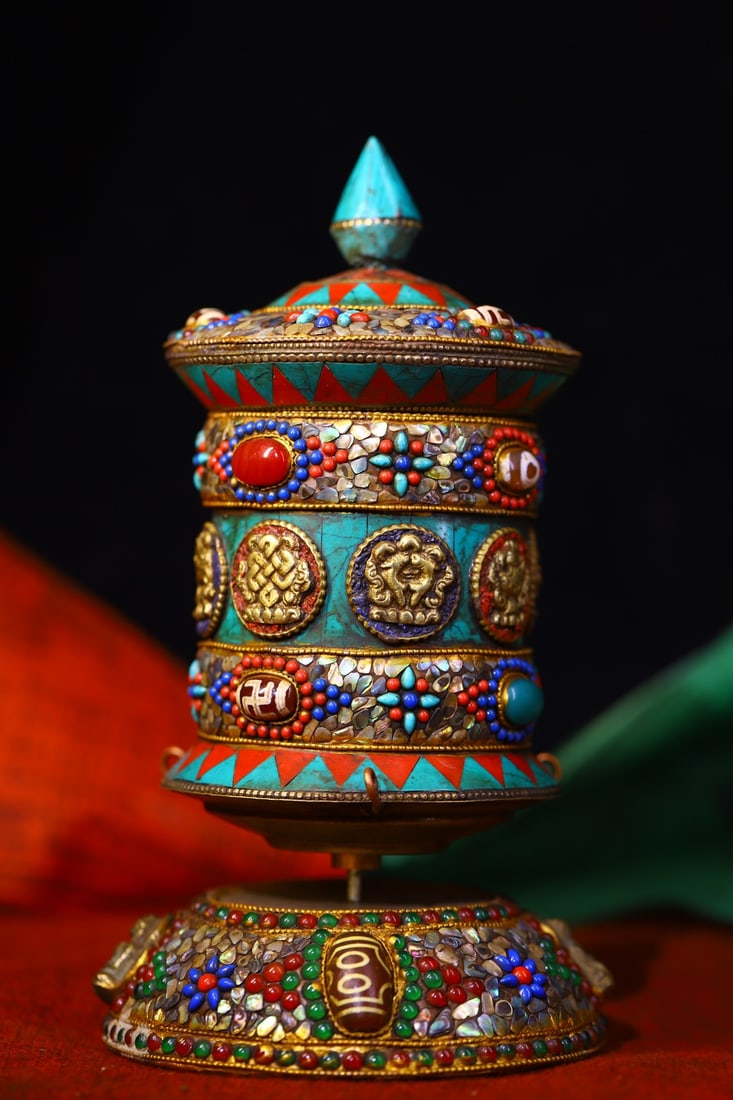 A Exquisite Silver Chiseled and Dzi Bead-Inlaid Prayer Wheel (1 of 9)