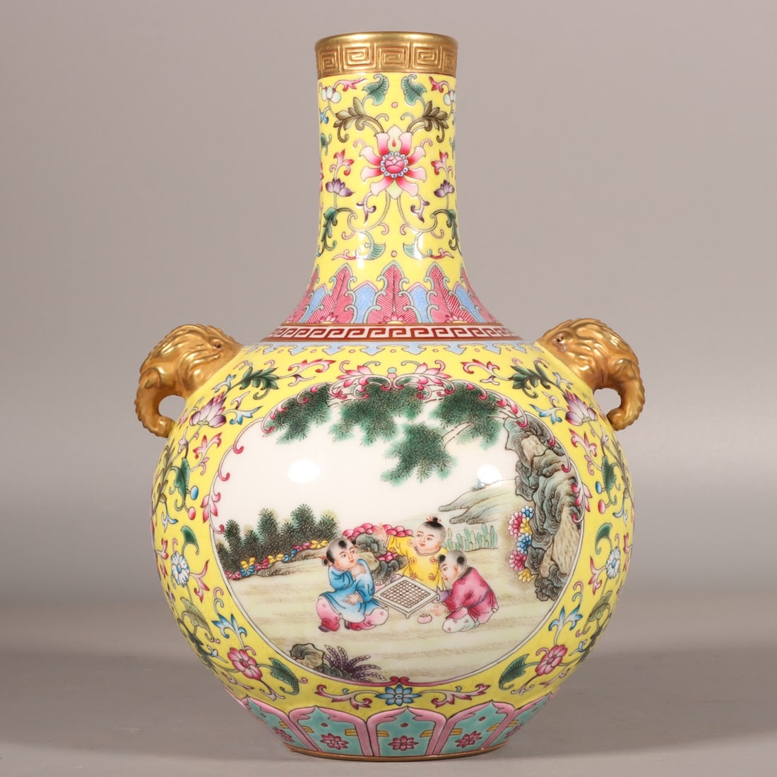 A Exquisite Enamel Yellow Ground Figures Pattern Lion-Ears Vase (1 of 9)