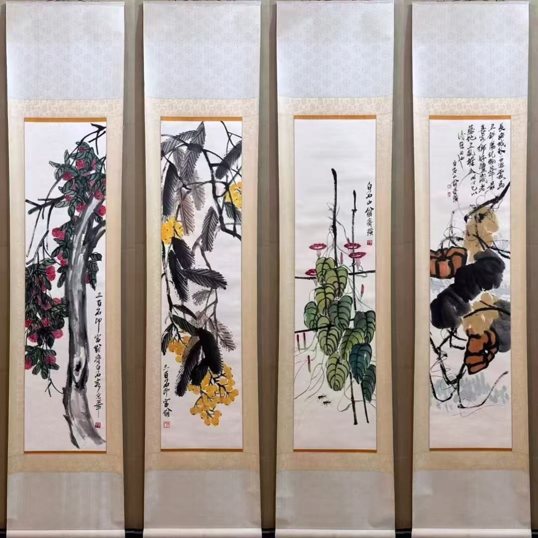 A Set of Chinese Vertical Scroll Ink Painting of Flower Paper: A Set of Chinese Vertical Scroll Ink Painting of Flower Paper,Modern Time of China,Qi Baishi,without frame size:12.6inx52.8in 一套中国水墨纸本花&#
