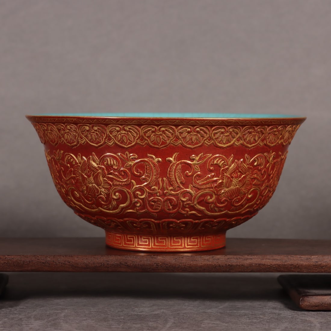 A Exquisite Iron-Red Painted Gold Lotus Pattern Bowl: A Exquisite Iron-Red Painted Gold Lotus Pattern Bowl,Qing Dynasty, China,Qianlong Six-character Mark,Size:2.7inx5.7inx2.5in 