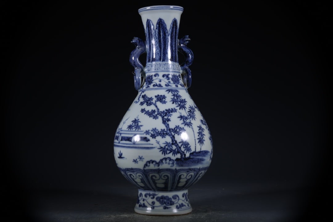 Blue and White Pine and Bamboo Pattern Phoenix Ears Vase (1 of 8)