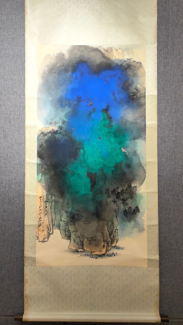A Chinese Vertical Scroll Ink Painting of Landscape on Paper: A Chinese Vertical Scroll Ink Painting of Landscape on Paper,Modern Time of China,Zhang Daqian,Size:53.1inx26.8in 一幅中国水墨纸本山水ஹ