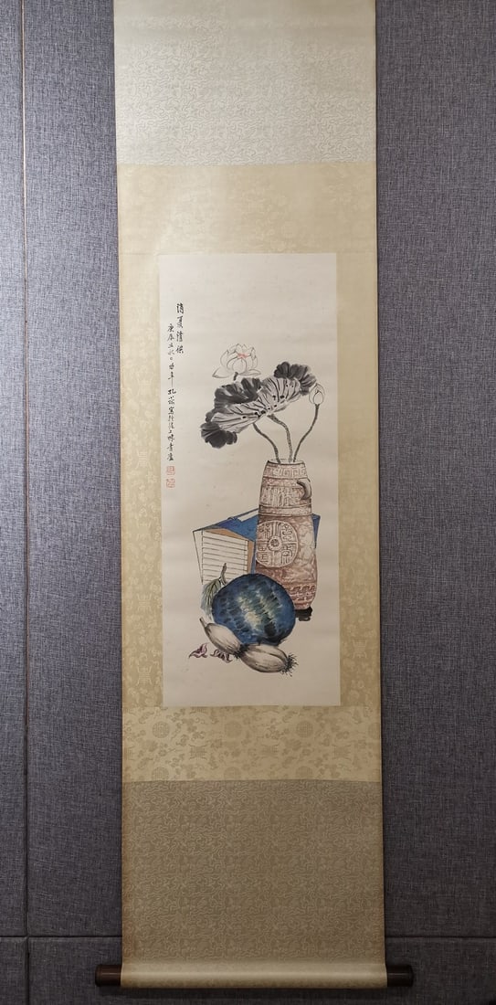 A Chinese Vertical Scroll Ink Painting of Flowers on Paper: A Chinese Vertical Scroll Ink Painting of Flowers on Paper,Modern Time of China,Kong Xiaoyu,Size:33.5inx13in 
