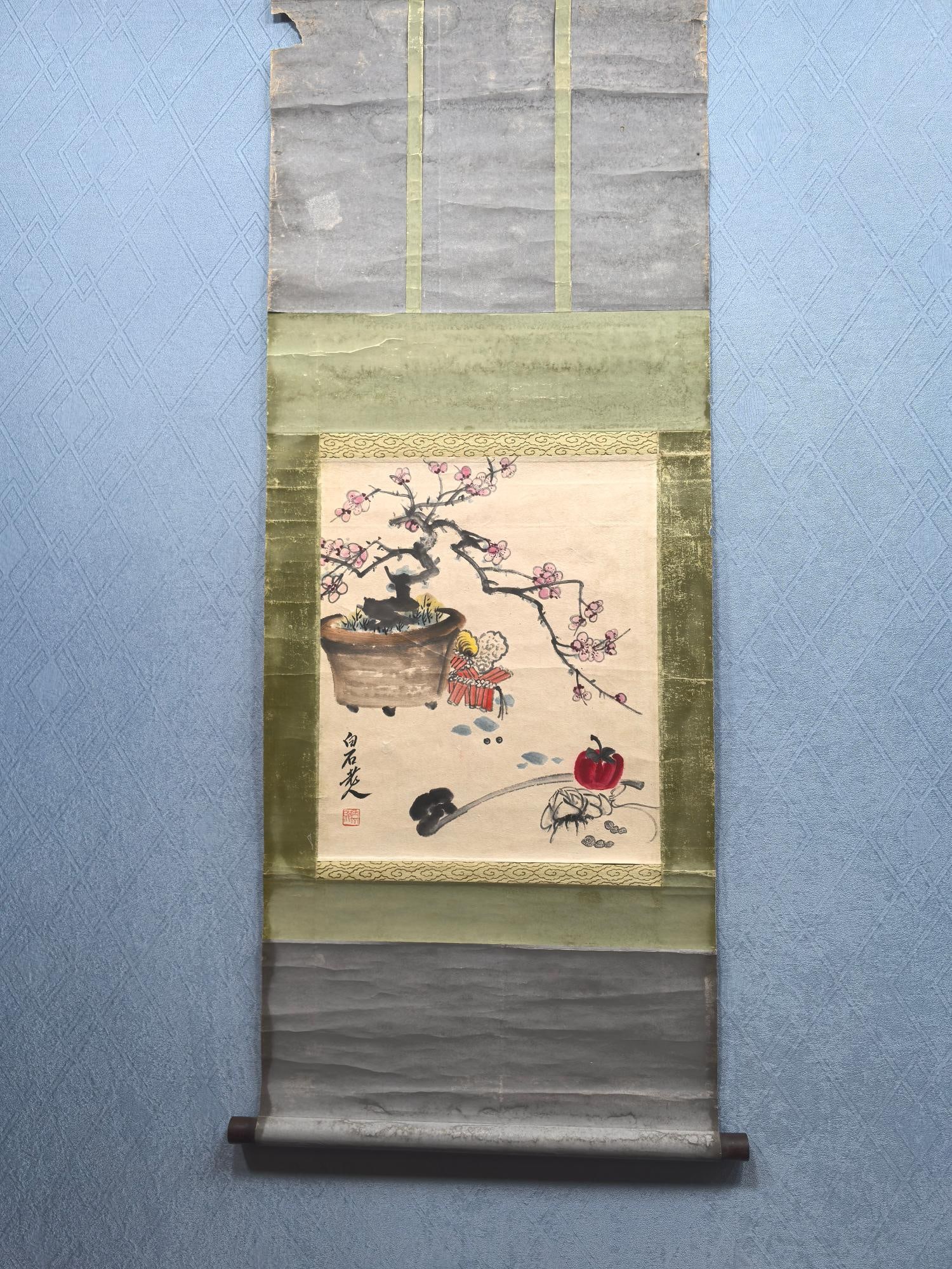 A Chinese Vertical Scroll Ink Painting of Flowerpot on Paper: A Chinese Vertical Scroll Ink Painting of Flowerpot on Paper,Republic of China,Qi Baishi,without frame size:12.9inx15.5in 一幅中国水墨纸本花௠