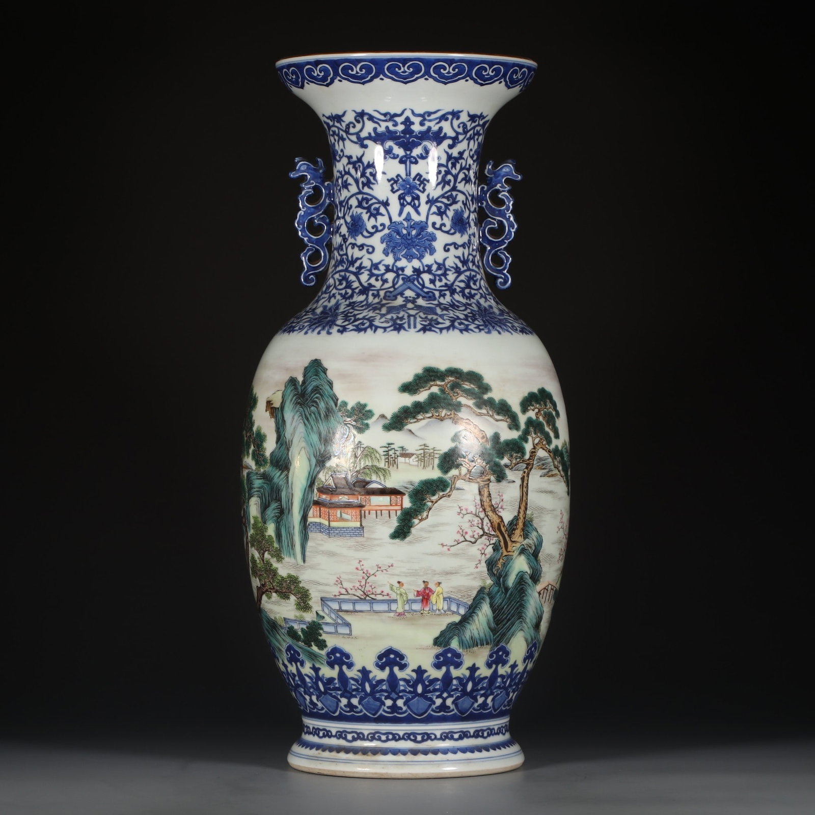A Exquisite Blue and White Famille-Rose Landscape and Figures Pattern Double-Ears Vase: A Exquisite Blue and White Famille-Rose Landscape and Figures Pattern Double-Ears Vase,Qing Dynasty, China,Qianlong Six-character Mark,Size:20.7inx7.7inx6.9in 青花粉彩山&