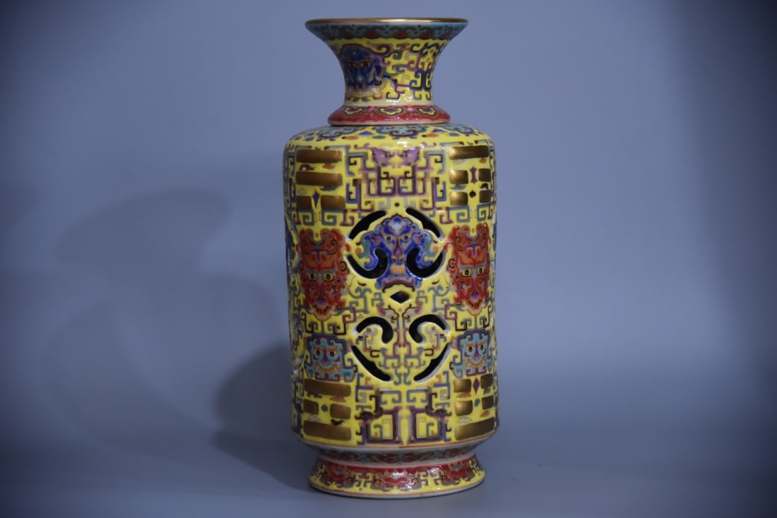 A Exquisite Yellow Ground Enamel Beast-Face Pattern Vase (1 of 8)