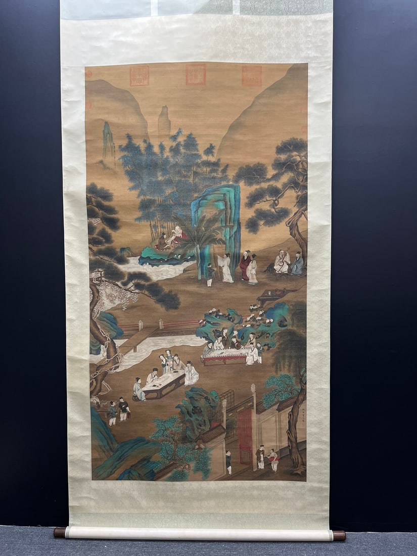 A Chinese Vertical Scroll Ink Painting of Figures on Silk: A Chinese Vertical Scroll Ink Painting of Figures on Silk,Ming Dynasty, China,Qiu Ying,without frame size:35.4inx67.7in 一幅中国水墨绢本人物