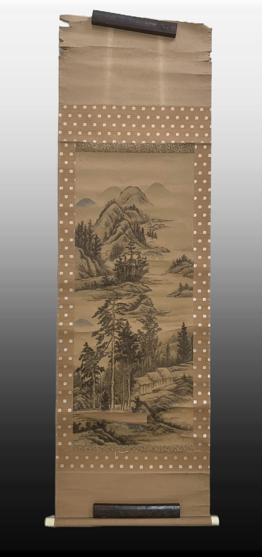 A Chinese Vertical Scroll Ink Painting of Landscape on Silk: A Chinese Vertical Scroll Ink Painting of Landscape on Silk,Qing Time of China,Hui Shan,withoutframesize:17.7inx41.3in 一幅中国水墨绢本山水&