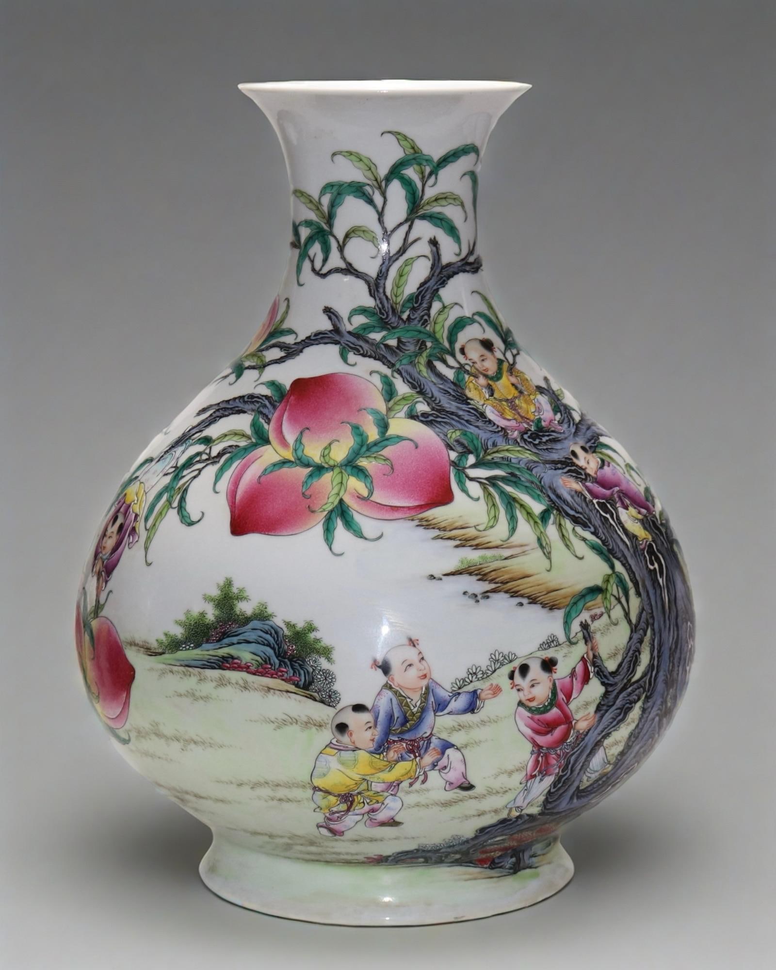 A Exquisite Famille-Rose Peach Figures Pattern Vase: A Exquisite Famille-Rose Peach Figures Pattern Vase,Qing Dynasty,China,Qianlong Six-character Mark,Size:19.9inx7.4in 