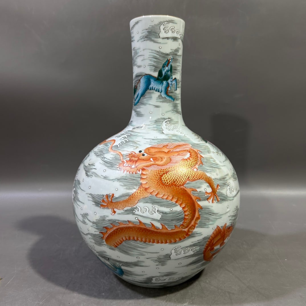 A Exquisite Famille-Rose Iron-Red Dragon Pattern Vase: A Exquisite Famille-Rose Iron-Red Dragon Pattern Vase,Qing Dynasty, China,Qianlong Six-character Mark,Size:12.6inx6.7in 