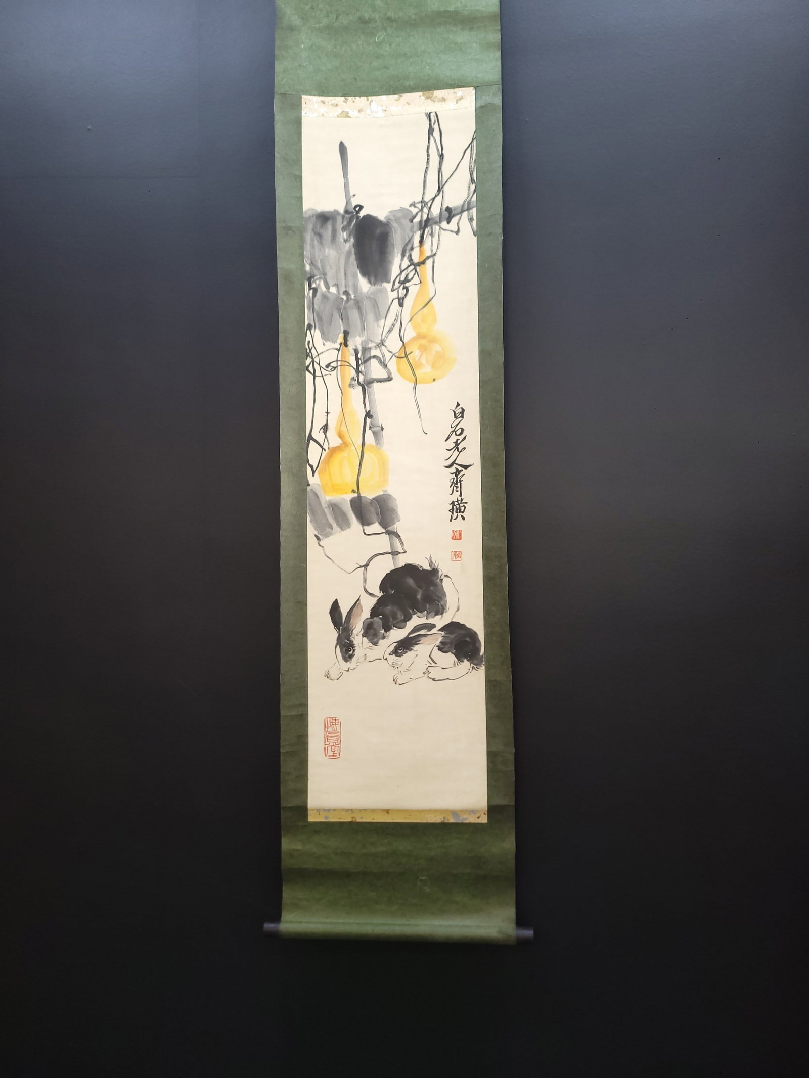 A Chinese Vertical Scroll Ink Painting of Rabbit on Paper: A Chinese Vertical Scroll Ink Painting of Rabbit on Paper,Republic of China,Qi Baishi,without frame size:13.2inx52.4in 
