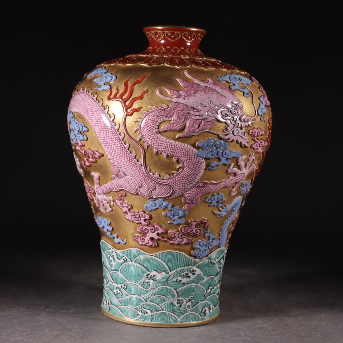 A Exquisite Famille-Rose Carved Dragon Pattern Vase: A Exquisite Famille-Rose Carved Dragon Pattern Vase,Qing Dynasty, China,Qianlong Six-character Mark,Size:10.6inx2.2inx7.7inx4.5in 