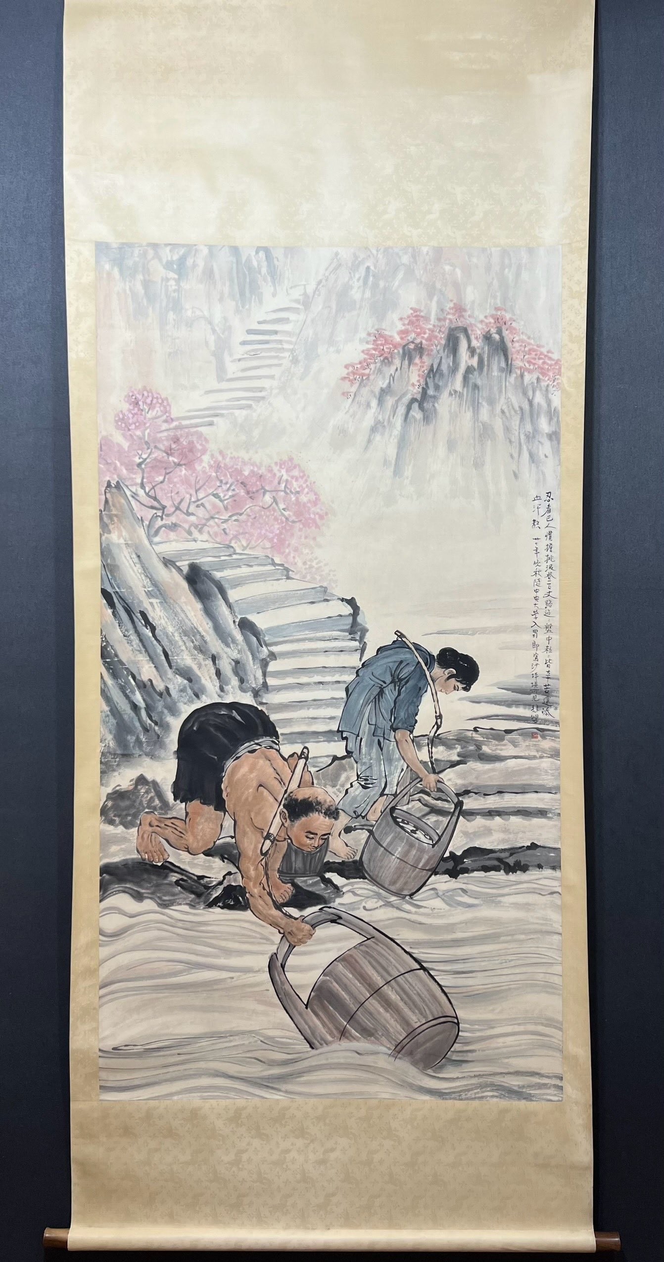 A Chinese Vertical Scroll Ink Painting of Figures on Paper: A Chinese Vertical Scroll Ink Painting of Figures on Paper,Modern Time of China,Xu Beihong,without frame size:38.2inx69.7in 