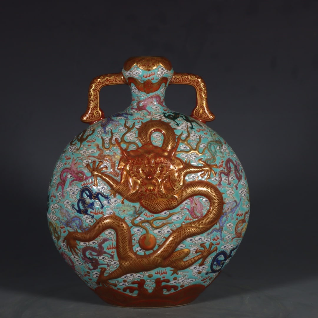 A Exquisite Famille-Rose Green Ground Painted Gold Dragon Pattern Vase (1 of 9)