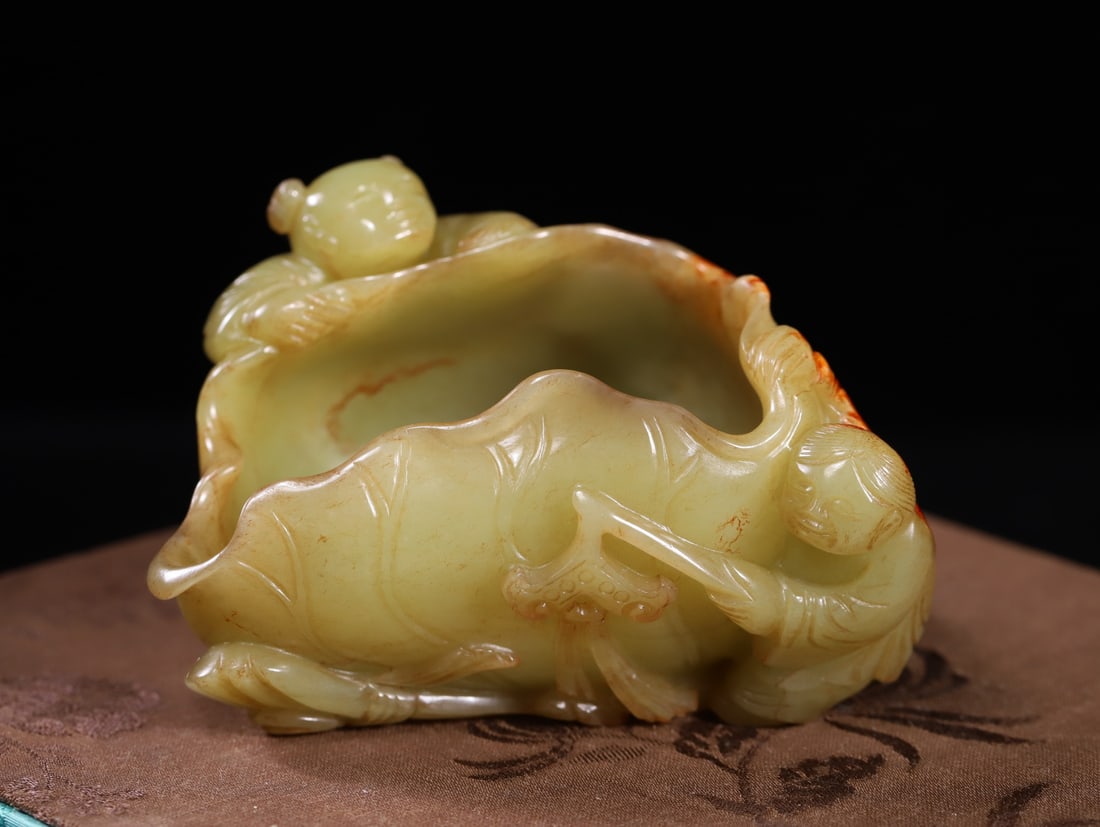 A Exquisite Hotan Yellow Jade Lotus Leaf Brush Washer (1 of 9)