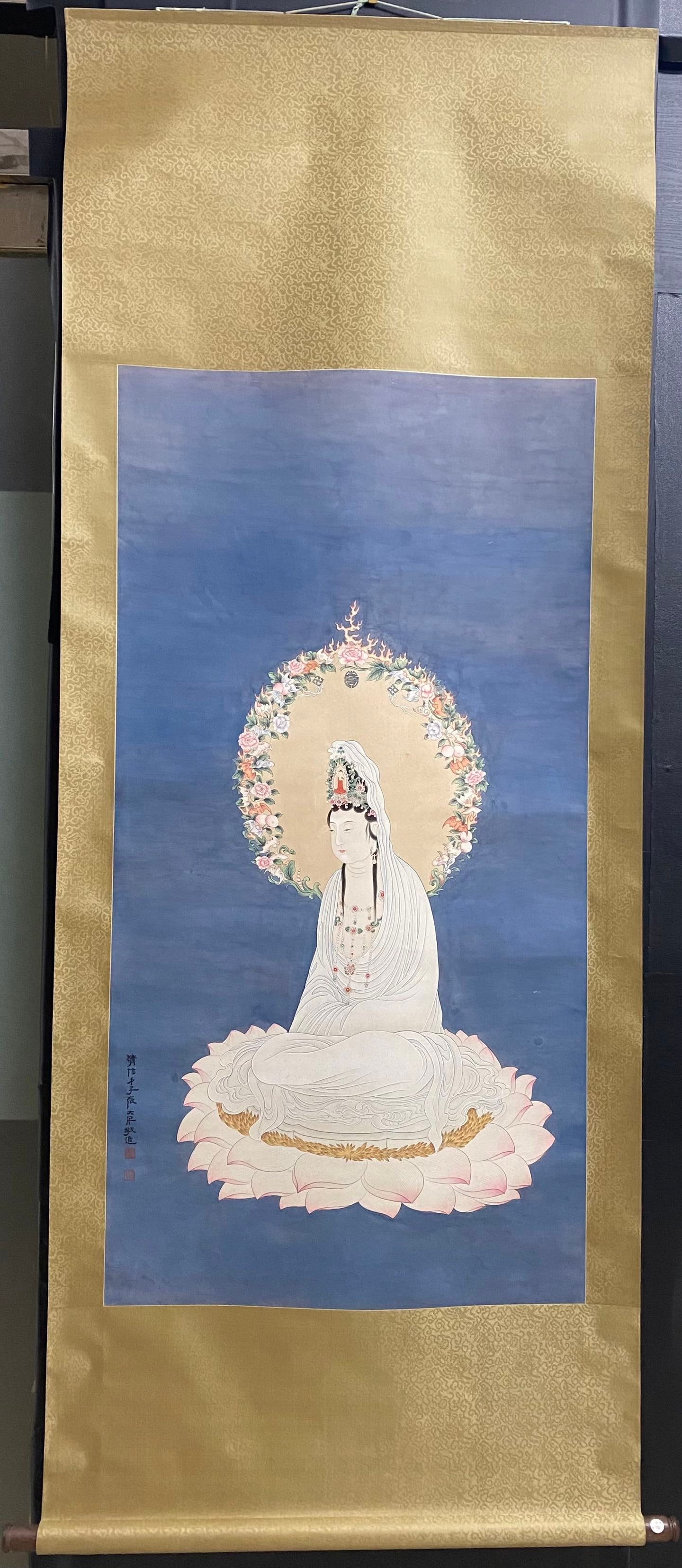 A Chinese Vertical Scroll Ink Painting of Avalokitesvara on Paper: A Chinese Vertical Scroll Ink Painting of Avalokitesvara on Paper,Modern Time of China,Zhang Daqian,withoutframesize:52inx26.8in 