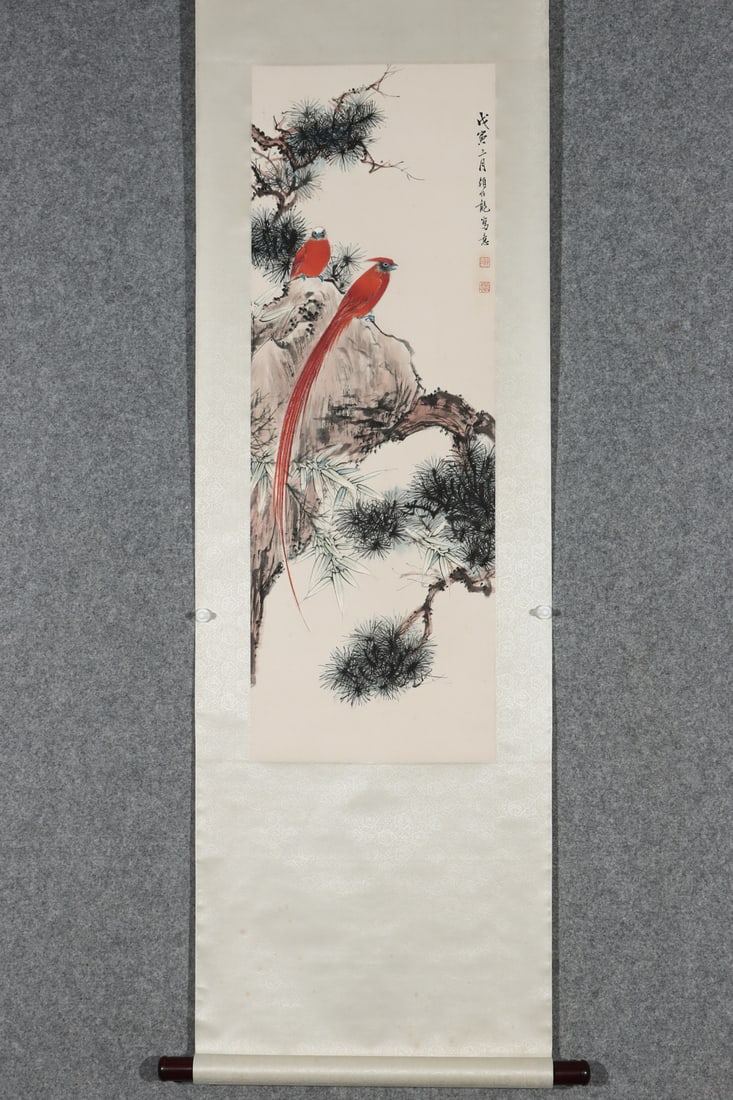 A Chinese Vertical Scroll Ink Painting of Flowers and Birds on Paper (1 of 9)