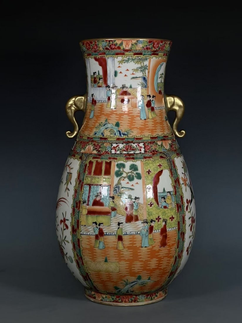 A Exquisite Guangcai Figures Pattern Elephant-Ears Vase: A Exquisite Guangcai Figures Pattern Elephant-Ears Vase,Qing Dynasty, China,Size:18.8inx6.6inx6.1in 广彩人物纹象耳瓶,中国清代