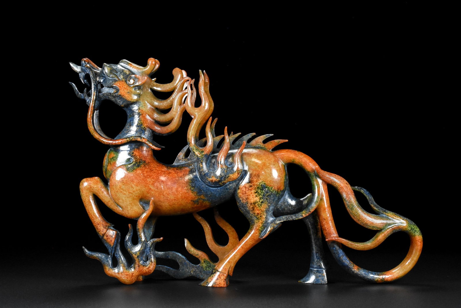 A Exquisite Hotan Jade Kylin Ornament: A Exquisite Hotan Jade Kylin Ornament,Han Dynasty, China,Size:11inx2inx7.5in,Weight:1248g 和田玉麒麟摆件,中国汉代