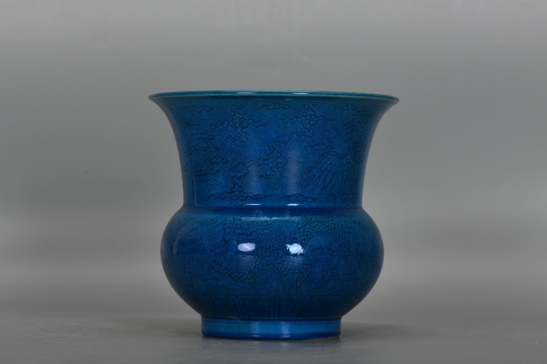 A Exquisite Peacock Blue Glaze Dragon Phoenix Pattern Vase: A Exquisite Peacock Blue Glaze Dragon Phoenix Pattern Vase,Ming Dynasty, China,Hongzhi Six-character Mark,Size:5.9inx6.1inx3.3in 