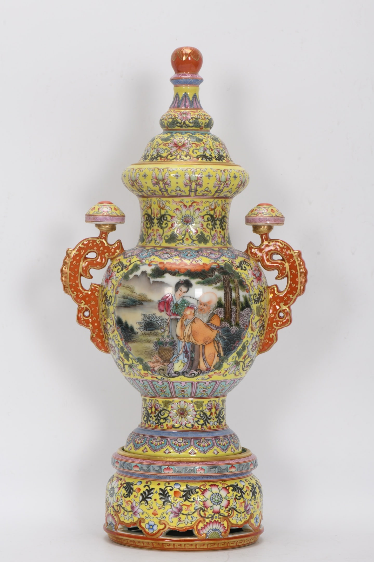 A Exquisite Famille-Rose Yellow Ground Figures pattern Double-Ears Jar: A Exquisite Famille-Rose Yellow Ground Figures pattern Double-Ears Jar,Qing Dynasty, China,Qianlong Four-character Mark,Size:21.7inx3.7inx9.1inx5.4in 