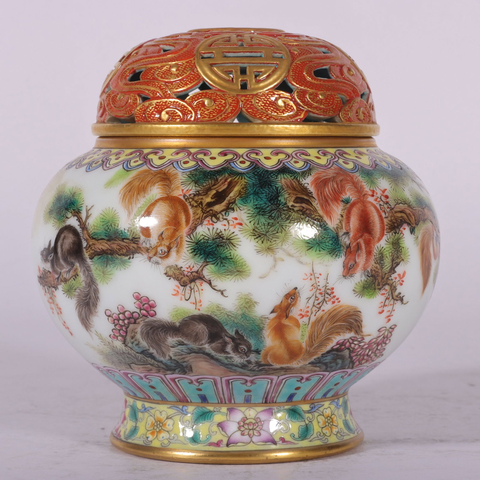 A Exquisite Enamel Squirrel Pattern Censer: A Exquisite Enamel Squirrel Pattern Censer,Qing Dynasty, China,Qianlong Four-character Mark,Size:4.5inx3inx4.3inx2.7in 