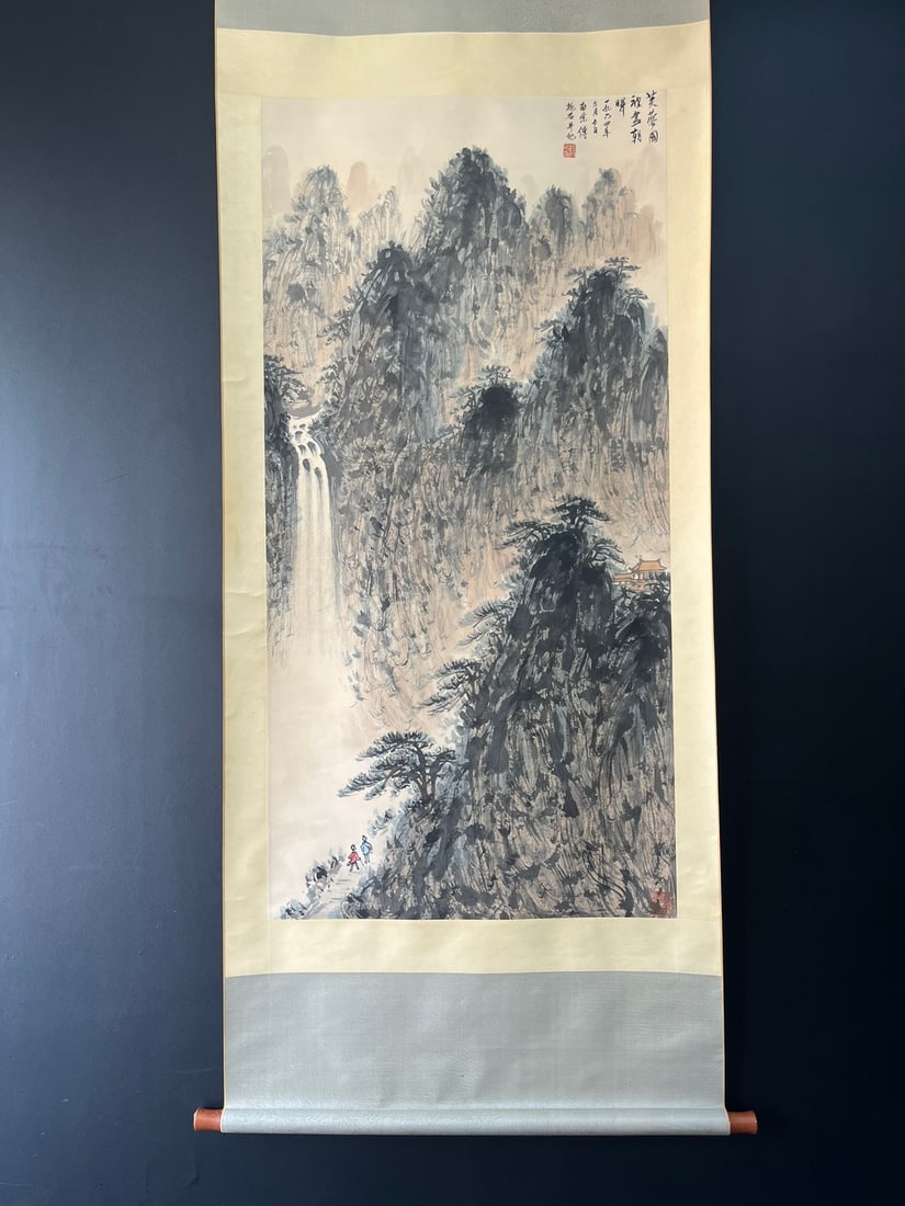 A Chinese Vertical Scroll Ink Painting of Landscape on Paper: A Chinese Vertical Scroll Ink Painting of Landscape on Paper,Modern Time of China,Fu Baoshi,without frame size:26.8inx54.7in 