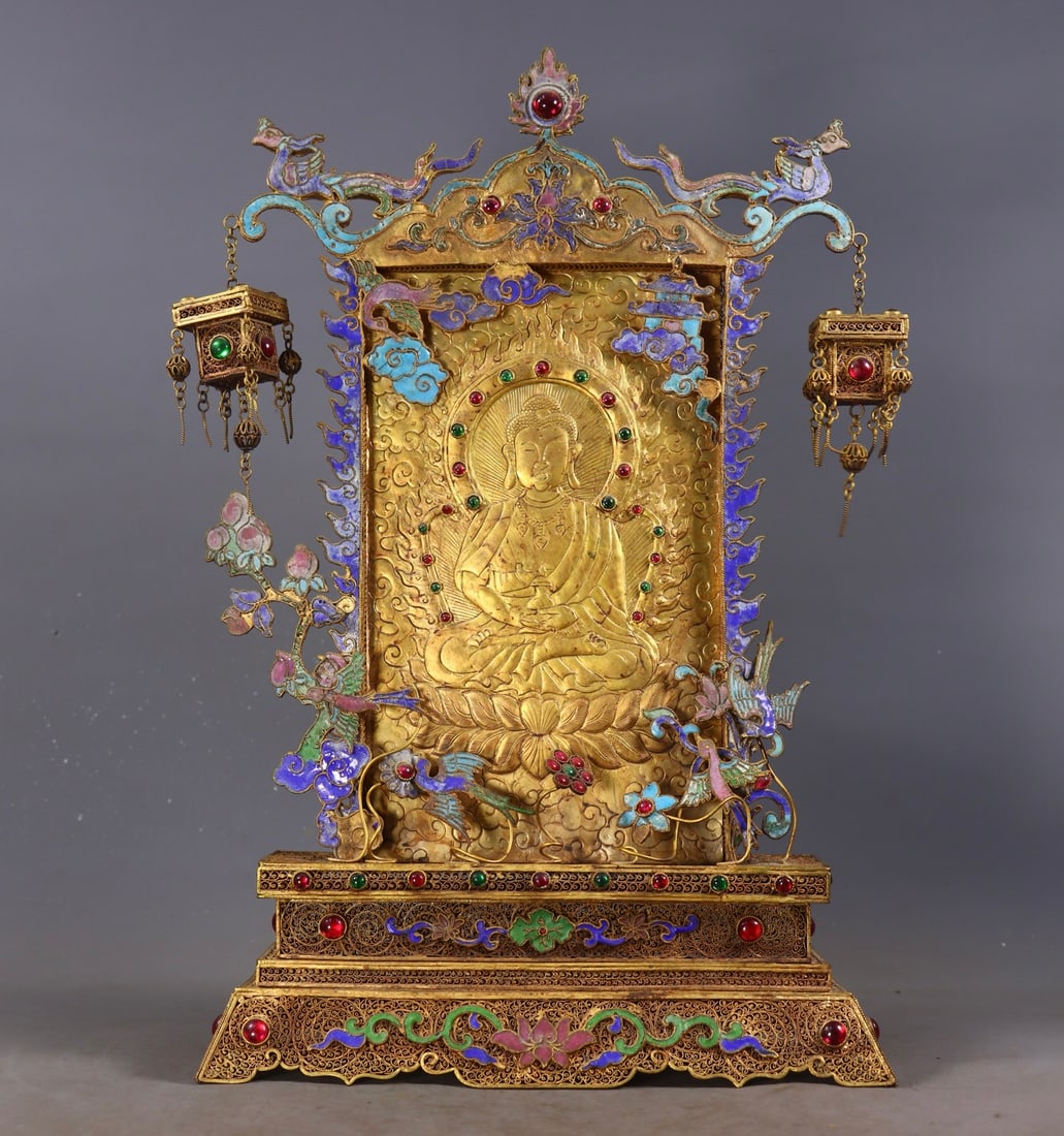 A Exquisite Filigree Gilt Gems Inlaid Buddhist Screen (1 of 9)