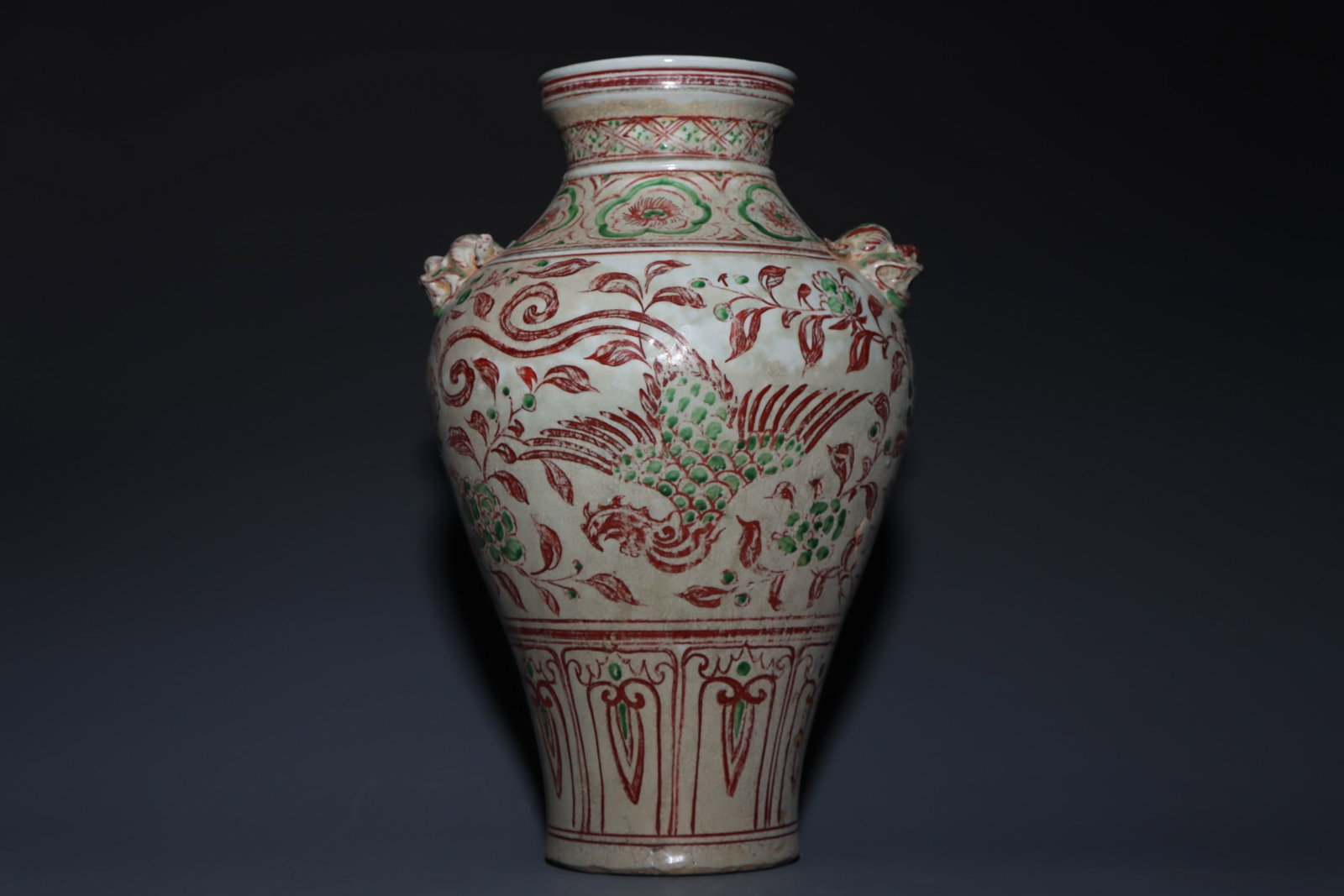 A Exquisite Iron-Red Green Color Flower and Bird Pattern Beast Ears Vase: A Exquisite Iron-Red Green Color Flower and Bird Pattern Beast Ears Vase,Yuan Dynasty,China,Size:17.9inx5.9inx10.8inx5.7in 