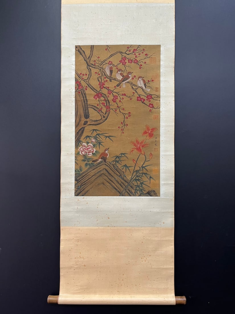 A Chinese Vertical Scroll Ink Painting of Flowers and Birds on Silk (1 of 9)