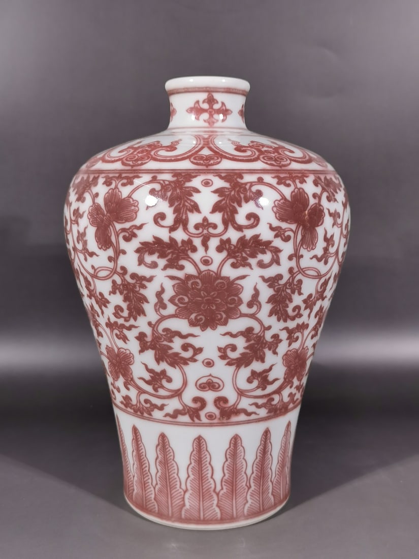 A Exquisite Underglaze-Red Lotus Pattern Vase: A Exquisite Underglaze-Red Lotus Pattern Vase,Qing Dynasty, China,Qianlong Six-character Mark,Size:9.8inx1.9inx6.7in 