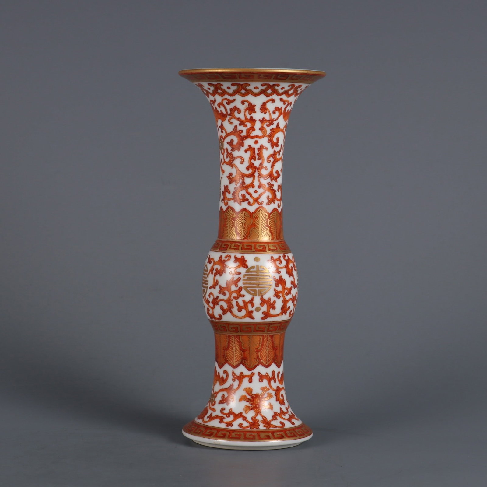 A Exquisite Iron-Red Painted Gold Lotus Pattern Vase: A Exquisite Iron-Red Painted Gold Lotus Pattern Vase,Qing Dynasty, China,Qianlong Six-character Mark,Size:7.1inx2.8in 