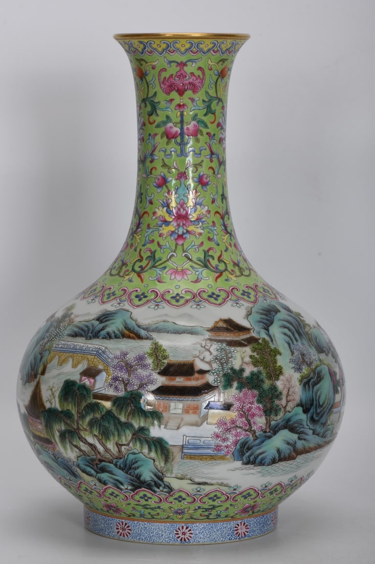 A Exquisite Famille-Rose Green Ground Landscape pattern Vase: A Exquisite Famille-Rose Green Ground Landscape pattern Vase,Qing Dynasty, China,Qianlong Six-character Mark,Size:12.6inx3.4inx8.3inx5in 