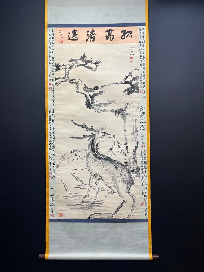A Chinese Vertical Scroll Ink Painting of Deer on Paper: A Chinese Vertical Scroll Ink Painting of Deer on Paper,Qing Dynasty, China,Bada Shanren,without frame size:29.9inx58.3in 