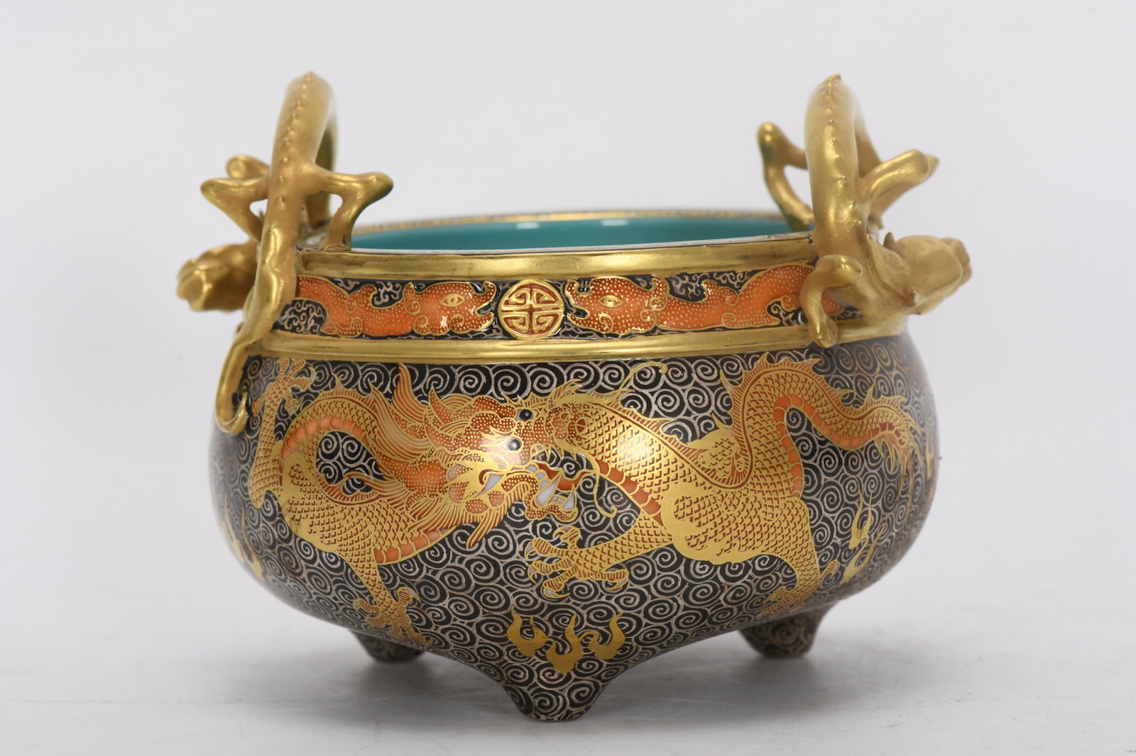 A Exquisite Famille-Rose Gold and Silver Inlay Dragon pattern Tripod Double-Ears Censer: A Exquisite Famille-Rose Gold and Silver Inlay Dragon pattern Tripod Double-Ears Censer,Qing Dynasty, China,Qianlong Six-character Mark,Size:3.5inx3.5inx4.6inx2.8in 