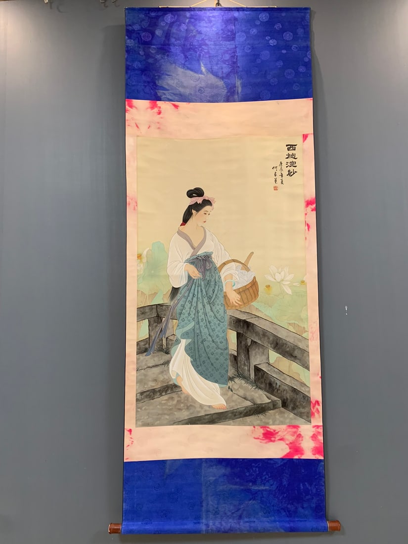 A Chinese Vertical Scroll Ink Painting of Figures on Paper: A Chinese Vertical Scroll Ink Painting of Figures on Paper,Modern Time of China,He Jiaying,withoutframesize:27.6inx47.2in 