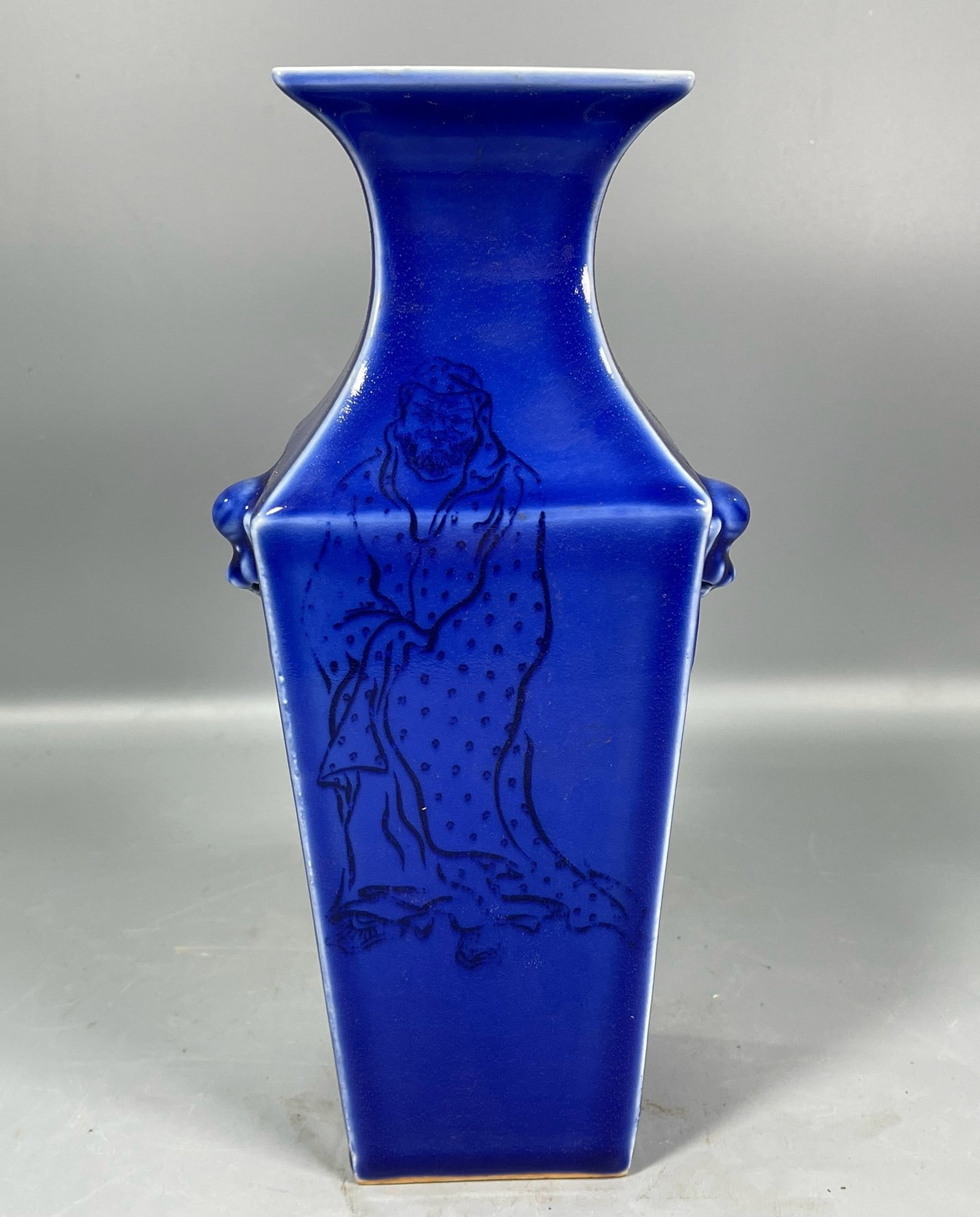 A Exquisite Ji Blue Glazed Statue of Arhat pattern Vase: A Exquisite Ji Blue Glazed Statue of Arhat pattern Vase,Qing Time of China,Qianlong Six-character Mark,Size:11.2inx4.7in 