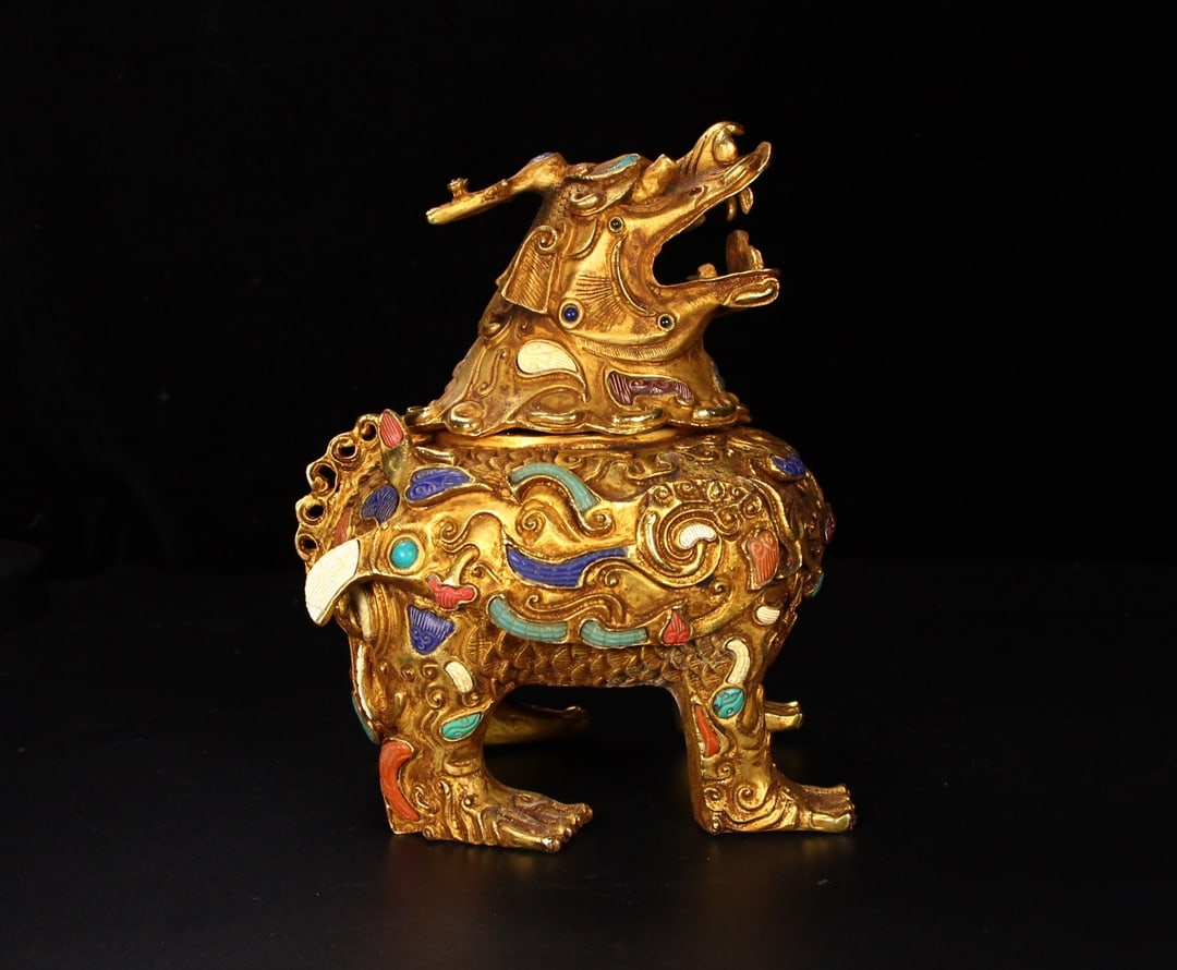 A Exquisite Gilt Bronze Inlaid Gems Kylin Censer (1 of 7)