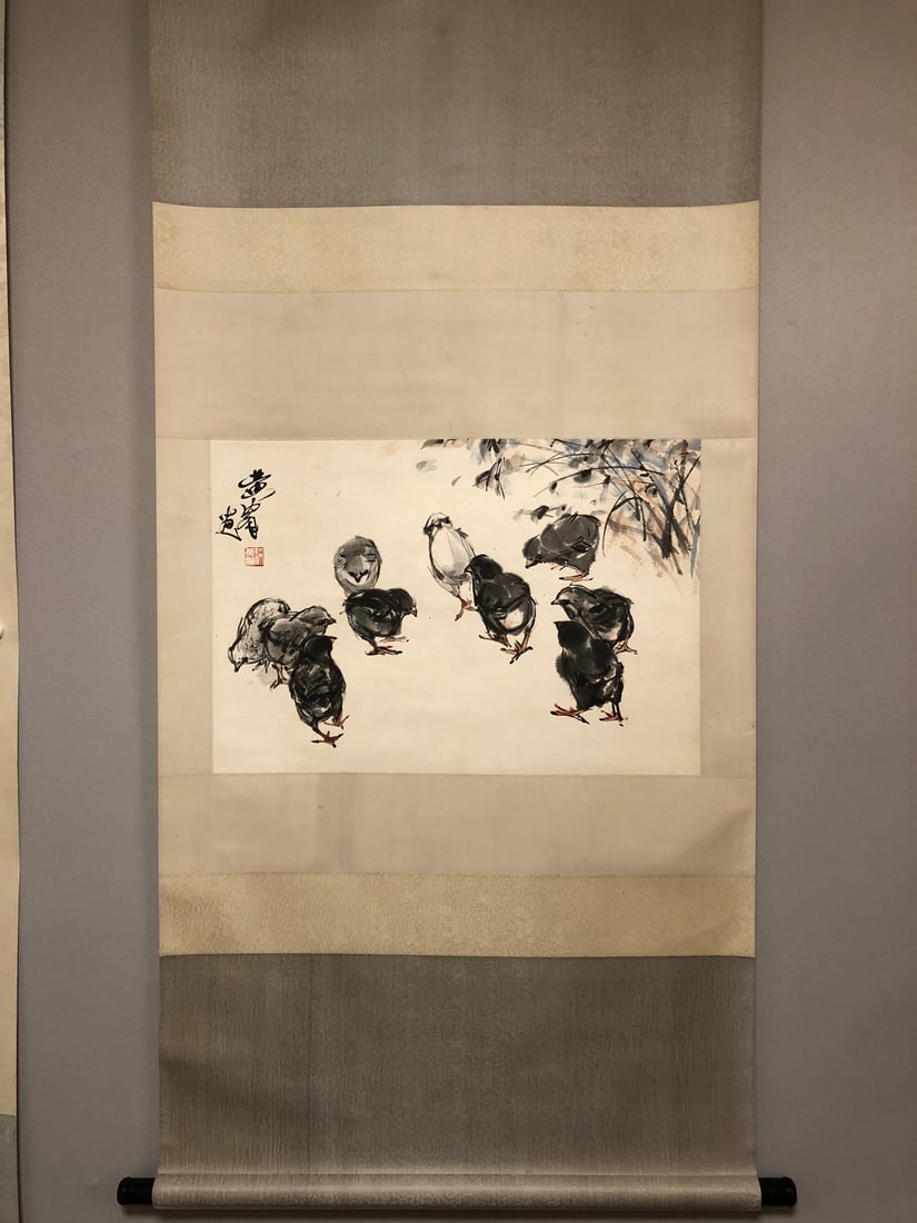 A Chinese Vertical Scroll Ink Painting of Flower and Bird on Paper: A Chinese Vertical Scroll Ink Painting of Flower and Bird on Paper,Modern Time of China,Huang Zhou,without frame size:24.8inx16.5in 