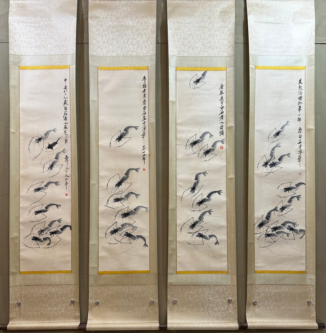 A Set of Chinese Vertical Scroll Ink Painting of Shrimp on Paper: A Set of Chinese Vertical Scroll Ink Painting of Shrimp on Paper,Modern Time of China,Qi Baishi,without frame size:13.4inx52.8in 